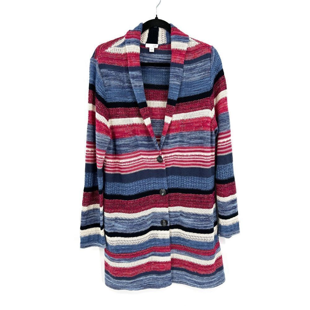 J. JILL Red White Blue Linen Knit Stripe Button Up Long Cardigan Sweater Medium
